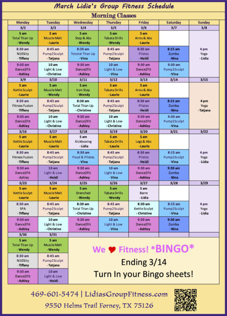 Morning Schedule for Lidia's Group Fitness | Forney, TX