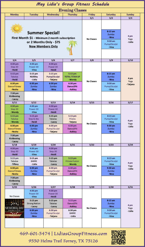 Evening Schedule for Lidia's Group Fitness | Forney, TX