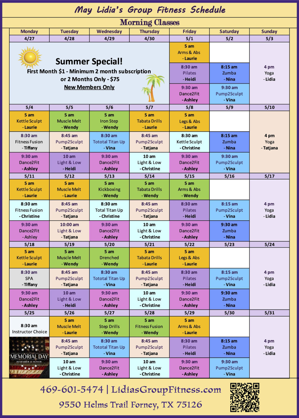Morning Schedule for Lidia's Group Fitness | Forney, TX