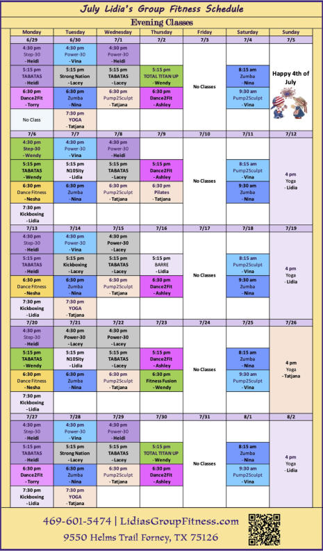 Evening Schedule for Lidia's Group Fitness | Forney, TX